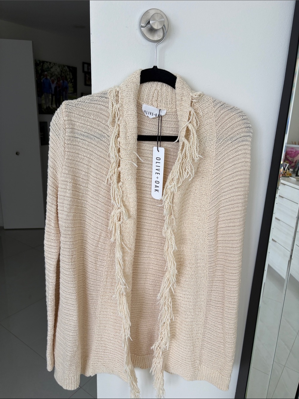 Olive & Oak Cream Open-Front Fringe Knit Cardigan